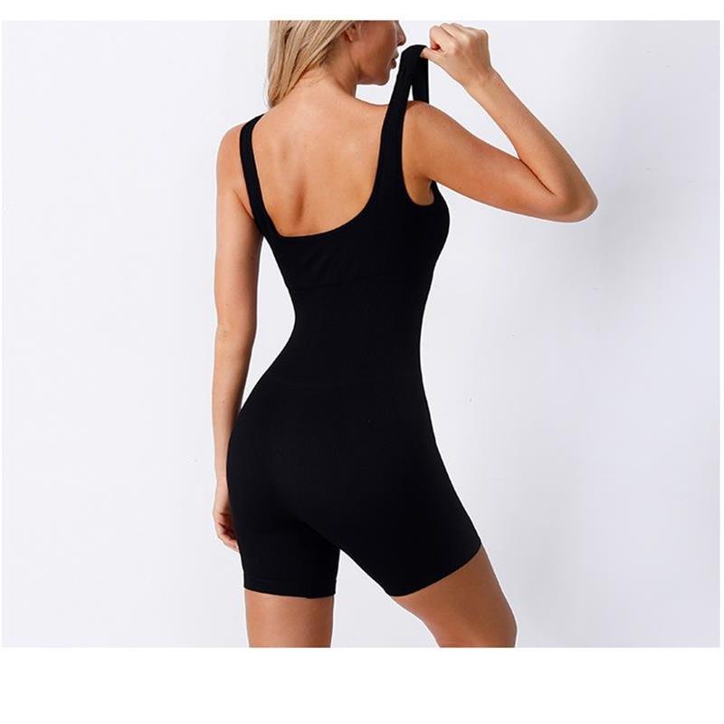 ฤดูร้อนผู้หญิงไม่มีรอยต่อถัก One-piece ชุดโยคะสแควร์คอ Jumpsuit ด้ายเซ็กซี่ Go OUT ยกสะโพก Slim กางเกงขาสั้น Jumpsuit