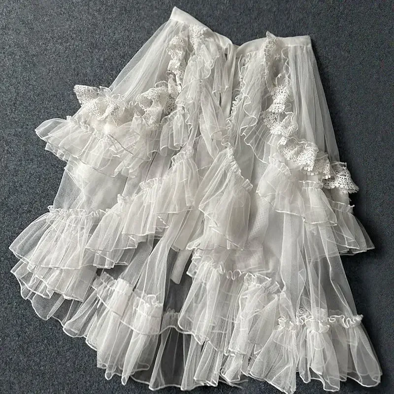 Gonna alta bassa con copertura trasparente per tende in vita Lolita a doppio strato con volant asimmetrico