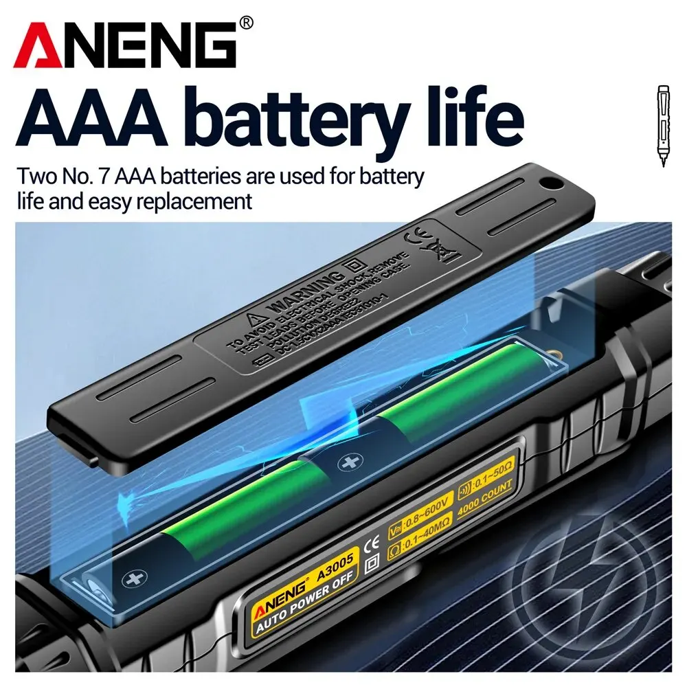 ANENG A3005 Multimetro digitale tipo penna tascabile 4000 conteggi LCD / Cavo di prova schermo anti display senza batteria Vero RMS Nero