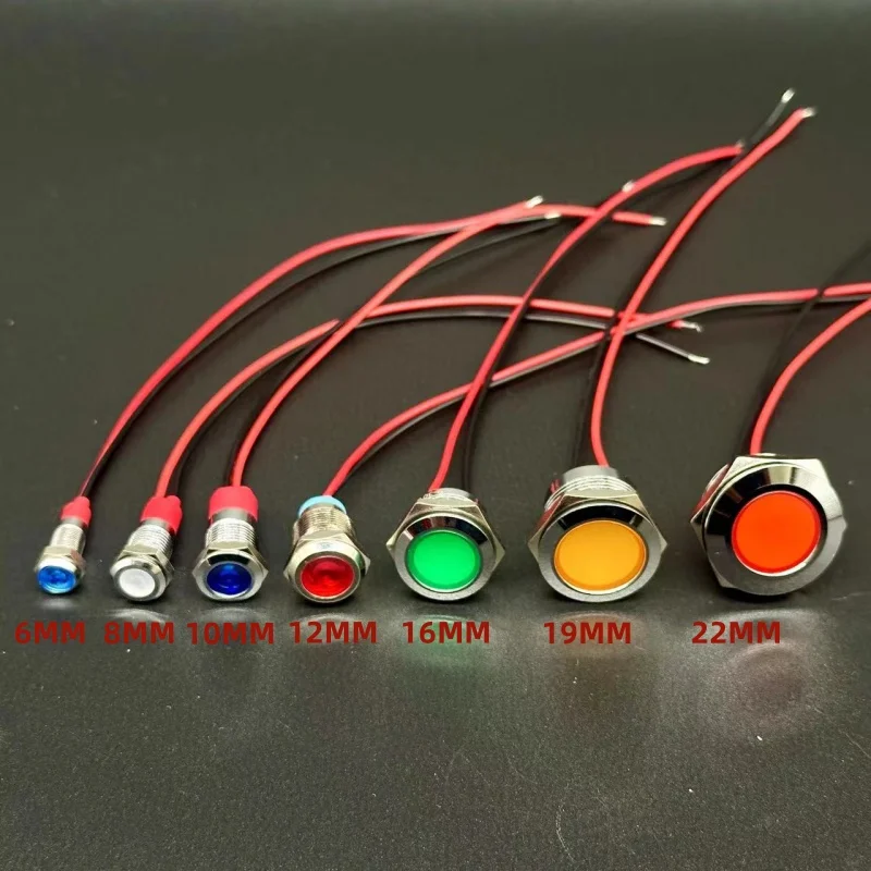 6/8/10/12/16/19/22MM LED Metal Indicator Light Waterproof Signal Light With Wire 3V 5V6V12V 24V 220V Red/Yellow/Blue/Green/White