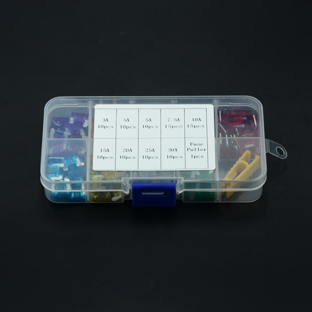 100 ピース/ロット車のトラックのマイクロブレードヒューズ 3A 5A 7.5A 10A 15A 20A 25A 30A AMP プラスチックボックス詰め合わせとクリップ