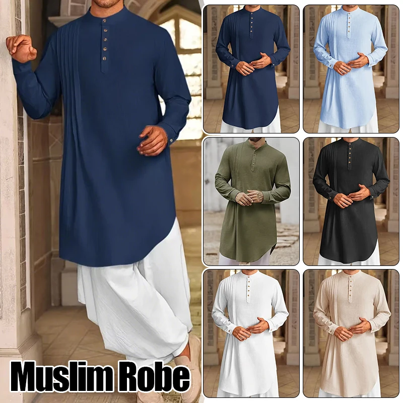 Nova camisa muçulmana masculina gola manga longa robe árabe islâmico kaftan cor sólida streetwear casual roupas masculinas algodão linho