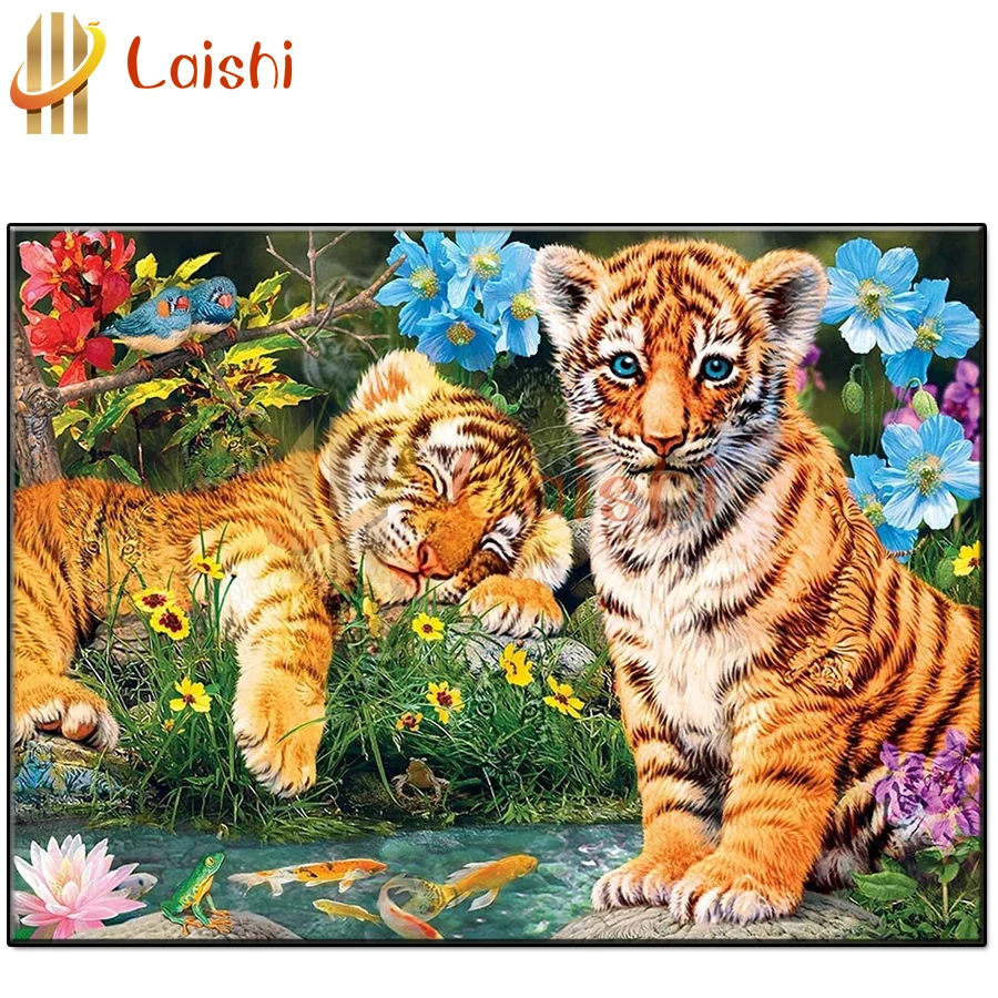 Lukisan berlian imitasi sulaman harimau kecil lucu dan bunga kruistik mosaik berlian mosaik gambar keluaran baru