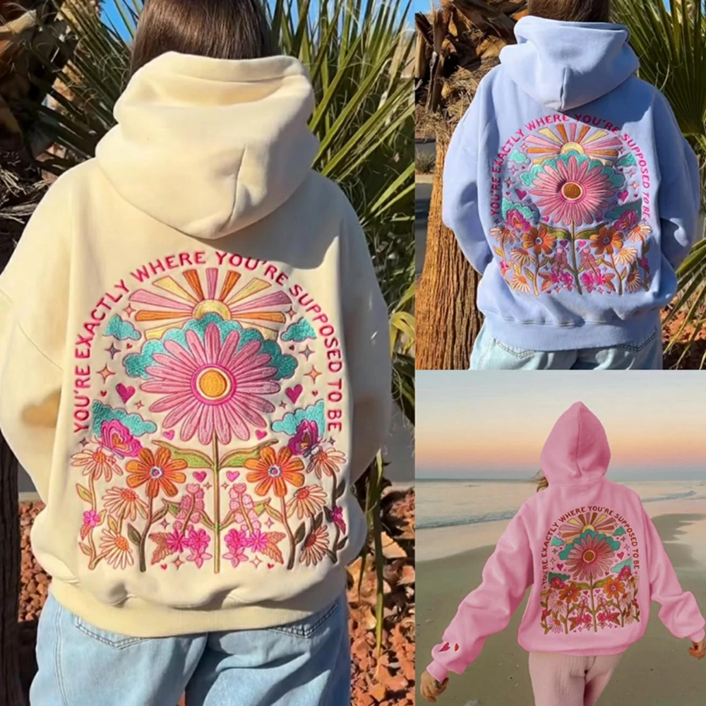 Combhasaki Sudadera con capucha bordada con letras florales Y2K para mujer, sudaderas holgadas de manga larga con estilo y bolsillo canguro
