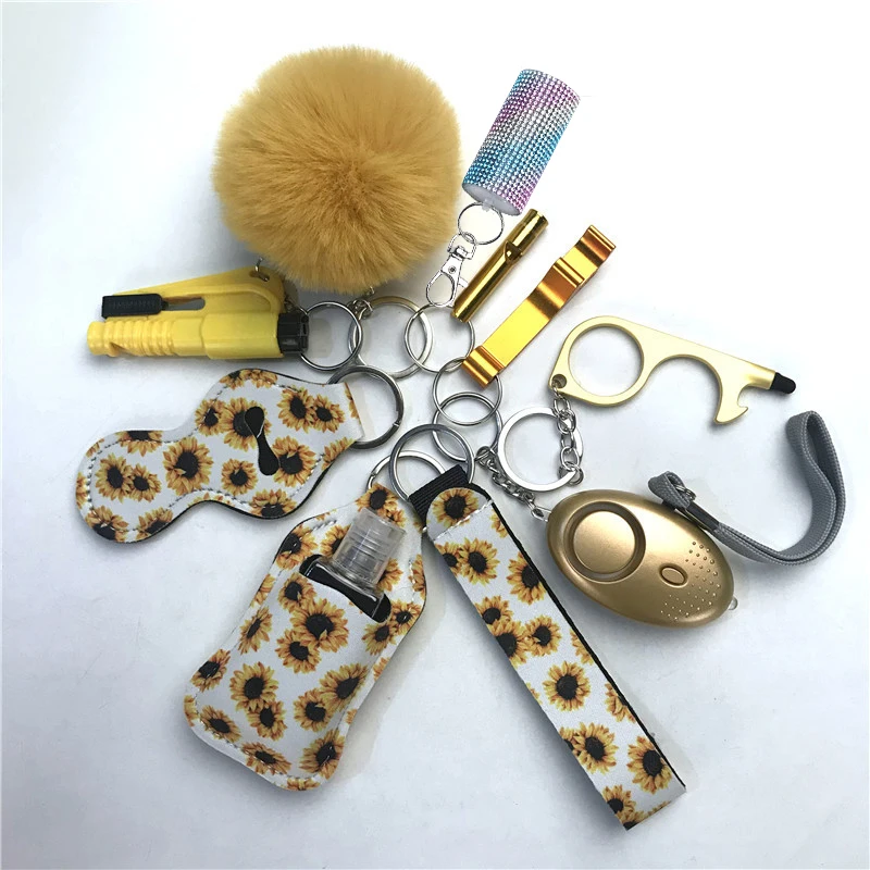 11pcs Spary Women Defense Protection Keychain Multi Use Keyring Alarm Self Rescue in Danger Defense Set