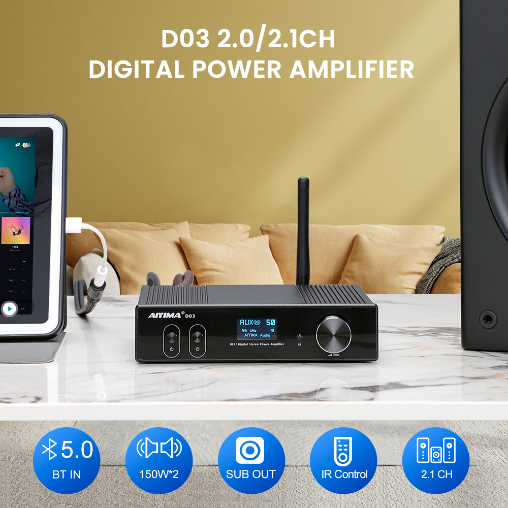 AIYIMA D03 Bluetooth アンプ 150Wx2 ステレオ HiFi サウンド Amplificador サブウーファーアンプ USB DAC OLED APTX-HD DIY 2.1 ホームオーディオ
