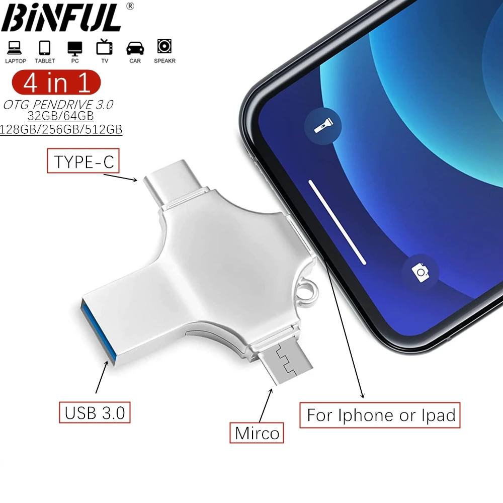 Высокоскоростной флэш-накопитель USB 3.0 для IPhone, 512 ГБ, 256 ГБ, 1 ТБ, фото-накопитель 4 в 1, флэш-накопитель для большого пальца, для IPhone, Android TYPE-C