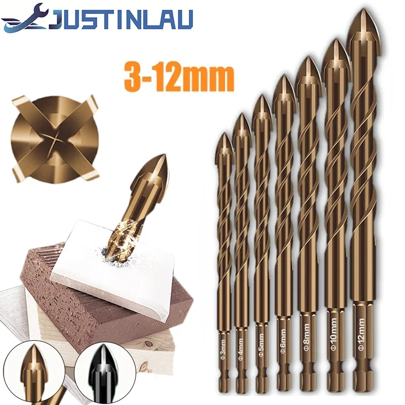 JUSTINLAU Brocas hexagonales cruzadas para azulejos, abridor de agujeros de hormigón, cerámica y vidrio, taladro triangular de aleación, tamaño 3/4/5/6/8/10/12 mm