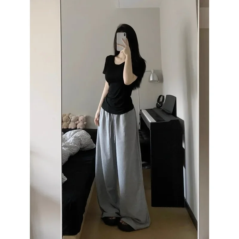 Deeptown 여성용 그레이 스웻팬츠 와이드 레그 팬츠, 캐주얼 오버사이즈 스포츠 바지, 한국 패션 스트리트웨어, 빈티지 스트레이트 조거