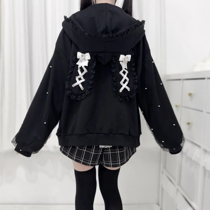 Abrigos japoneses de gasa con perlas para mujer, chaquetas con Orejas de conejo de encaje estético Y2k, sudaderas con capucha informales de gran tamaño Harajuku Kawaii