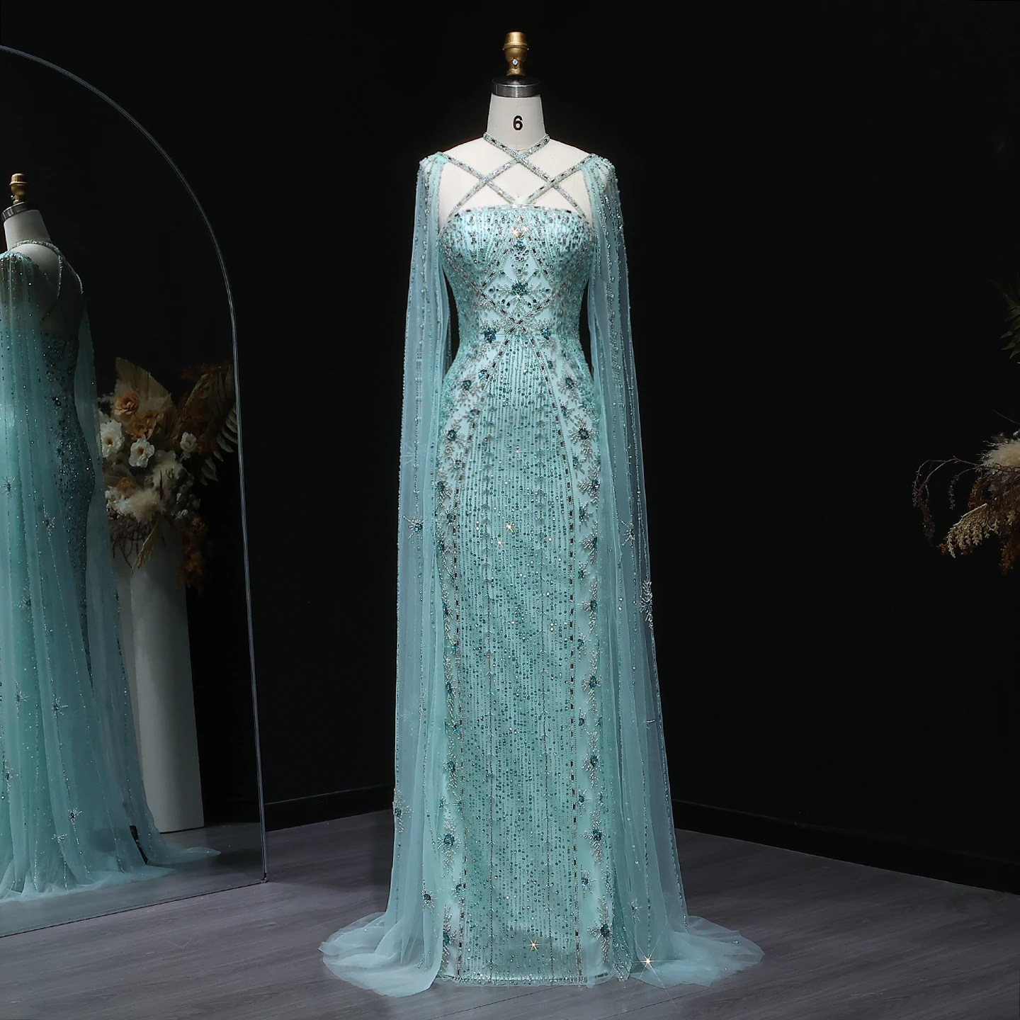 샤론 사이드 럭셔리 두바이 아쿠아 라일락 인어 이브닝 원피스, 케이프 슬리브 십자가, 여성 웨딩 파티 가운, SS391 맞춤형