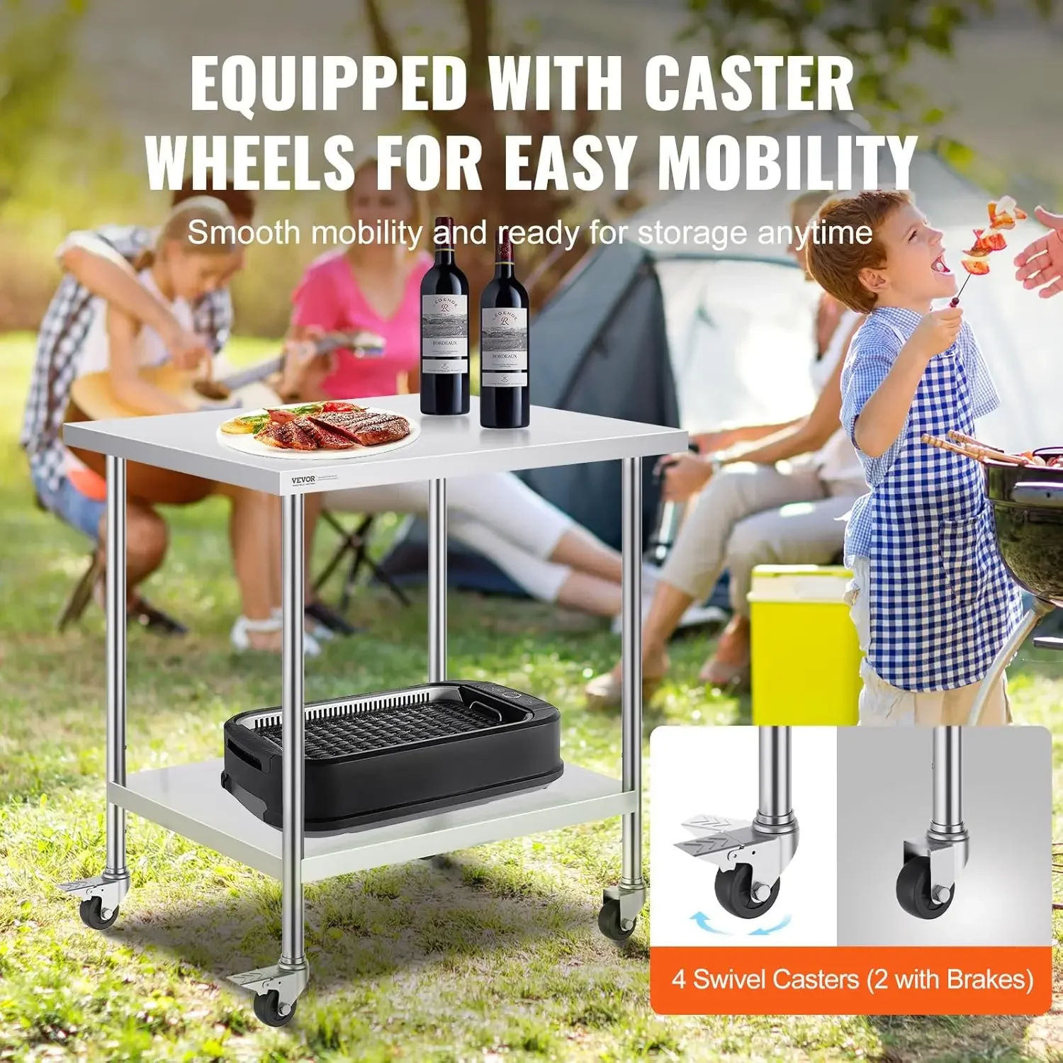 Stainless Steel Work Table 30 x 36 x 38 Inch, with 4 Wheels, 3 Adjustable Height Levels, Heavy Duty Food Prep Worktable for