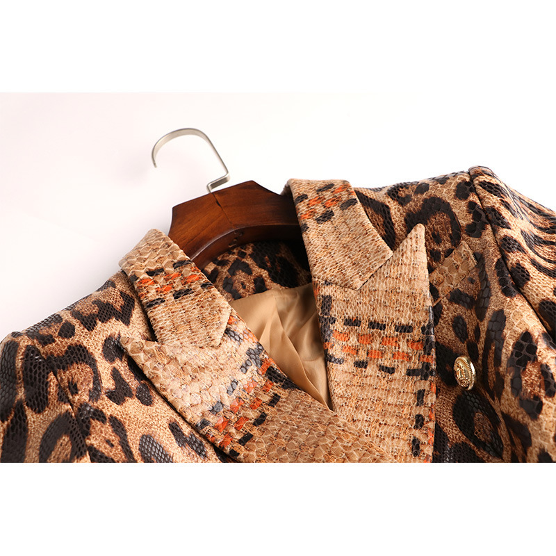 Lederjacke mit Leoparden muster für Frauen Kerb kragen Langarm Patchwork Knopf schlanke Blazer weiblich