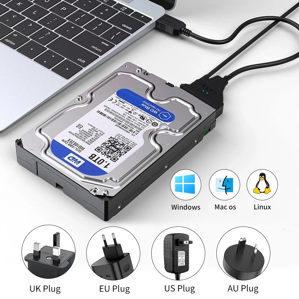 USB 3.0 to SATA/Type-C Adapter Sata Cable 2.5/3.5 Inch SSD HDD SATA III Hard Drive Disk with 12V/2A Power Adapter