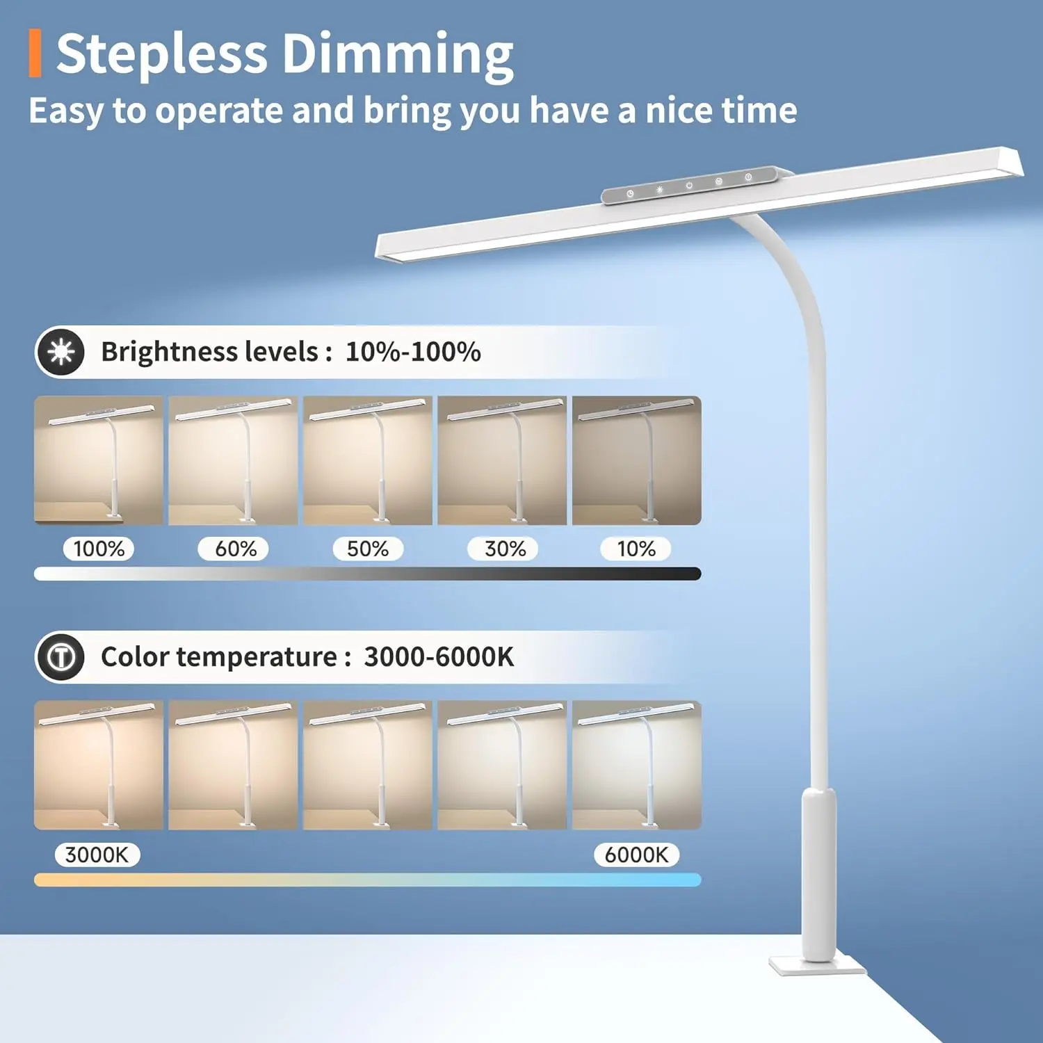 Lámpara de escritorio, lámparas de escritorio LED con atenuación continua de 3 colores para el hogar, oficina, luz de escritorio con memoria ajustable con abrazadera y control táctil