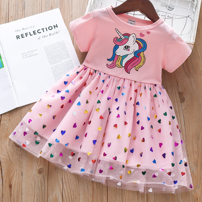Robe de princesse colorée pour bébés filles, vêtements d'été à manches courtes pour enfants avec petit poney de dessin animé