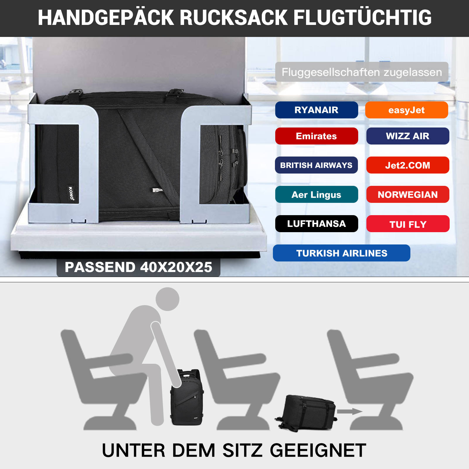 Kono Kabinentasche 40x20x25 cm für Ryanair Untersitz Handgepäck Rucksack, Kabinengröße 20L, Schwarz, Minimalistisch