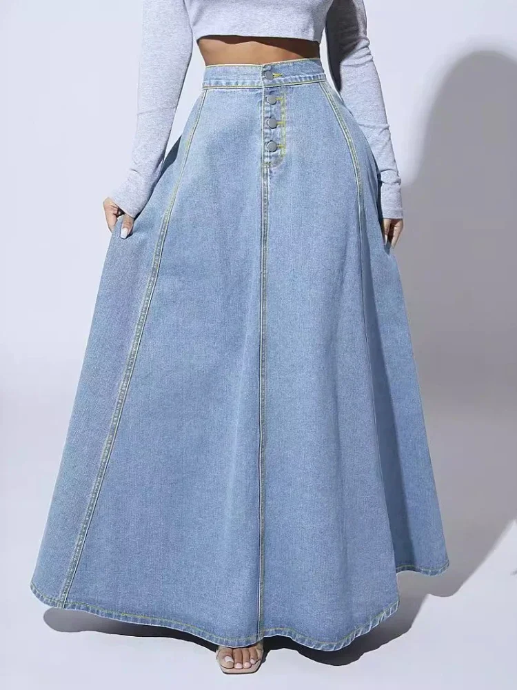 Faldas vaqueras para mujer, falda larga de línea A, pantalones vaqueros de cintura alta con una hilera de botones, Vintage, Maxi, informal, elegante, empalme, ropa de calle Y2k