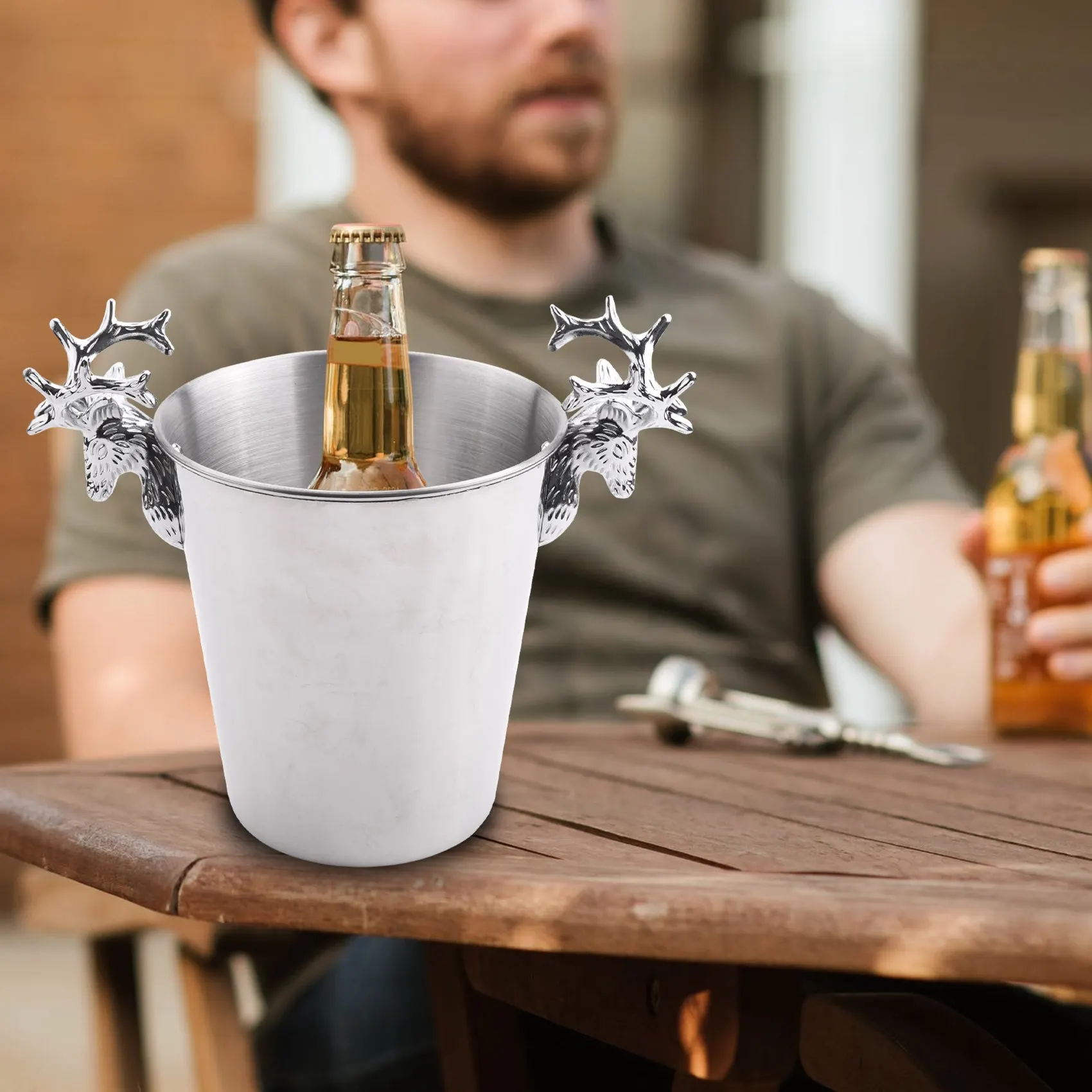 Aço inoxidável Baldes de Gelo com Deer Head Handle, Isolado Wine Bucket, Champagne Bucket para Paties e Bar (S)