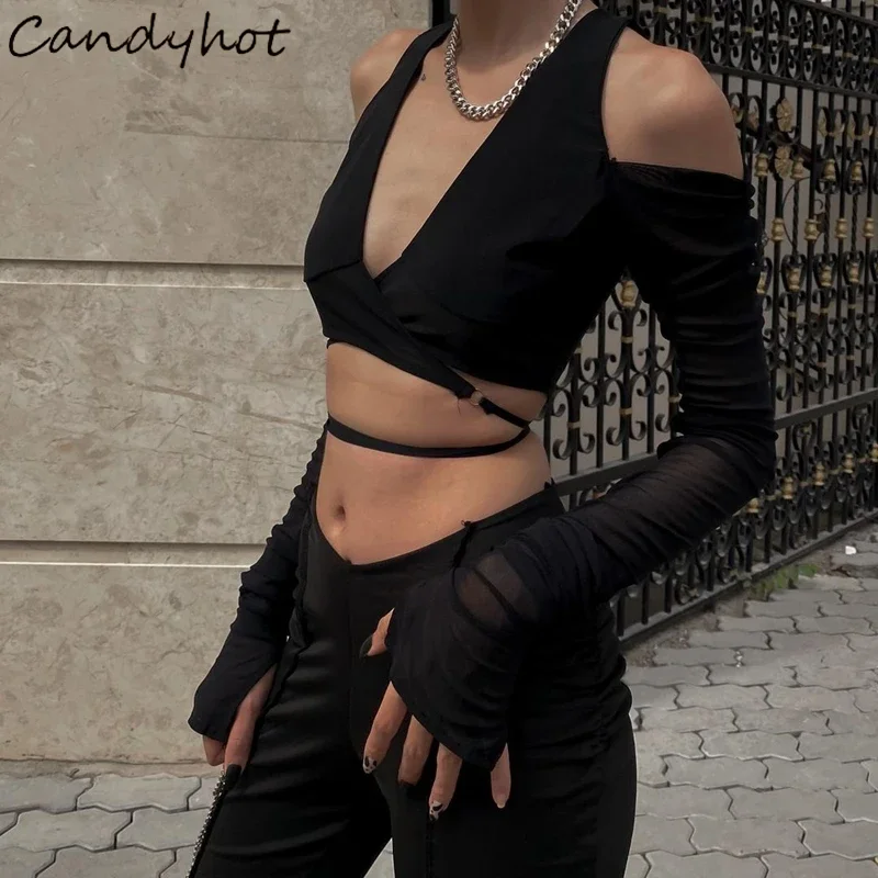 Candyhot-ゴシックメッシュシアークロップトップ、セクシーなディープVネック、裸の肩のTシャツ、y2k長袖ストリートウェア、交差包帯Tシャツ、2024