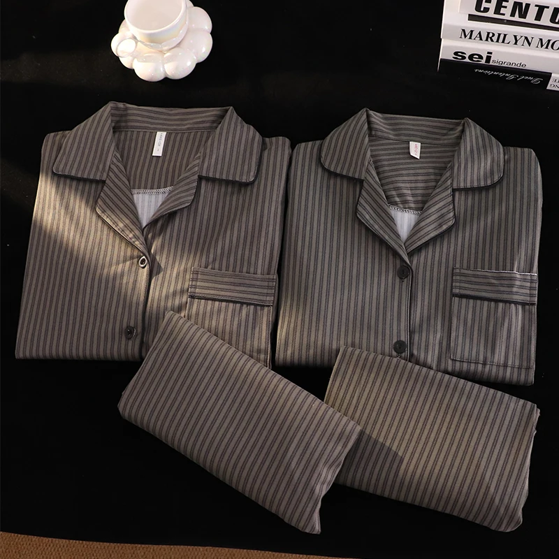 2024 New Stripe Couple Spwear Cotton Long Sve Women's Home Clothes Set Simple Sle Spring Autumn Men's Long Pants