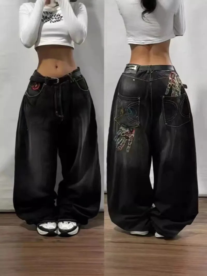 Y2K-pantalones vaqueros holgados negros lavados con estampado de gran tamaño para mujer, estilo gótico, Harajuku, Vintage, Rock, pantalones de pierna ancha de cintura alta