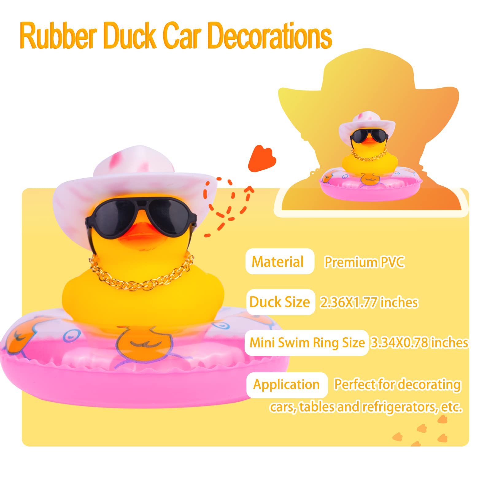 Car Duck Car Rubber Dashboard Decorations Ornament Yellow Rubber Duck with Mini Swim Ring Sun Cowboy Hat Necklace