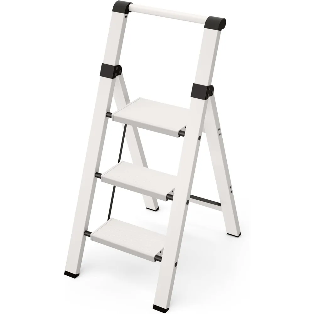 3 Step Ladder, Lightweight Aluminum Step Stool with Convenient Handgrip, Folding Ladder with Anti-Slip Pedals, 330lbs Capacity
