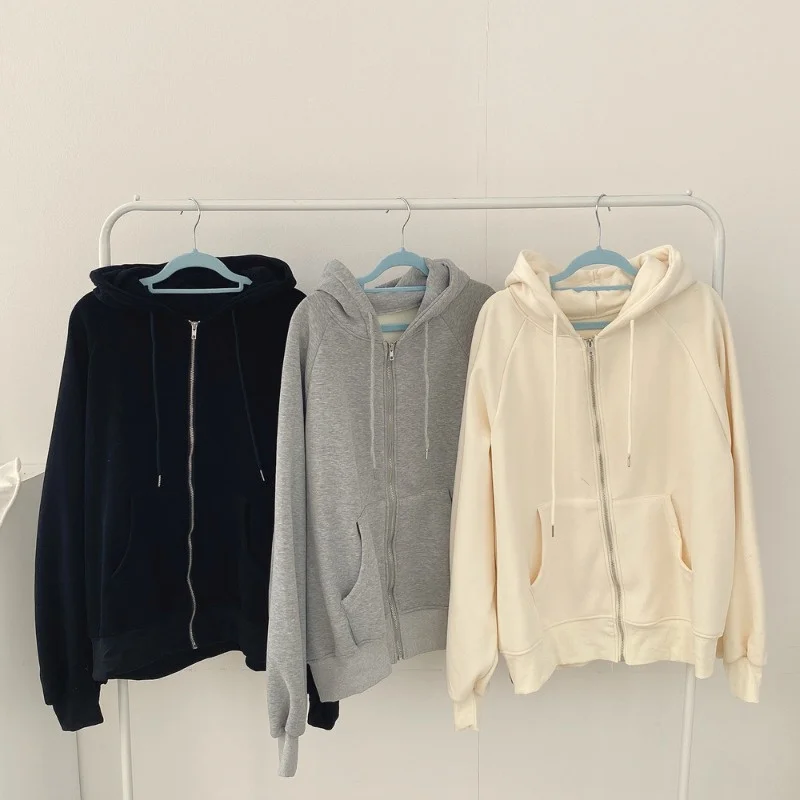 Cardigan Simples de Tamanho ande Estilo Coreano com Capuz Fino para Mulheres, Jaqueta com Zíper Estilo Preguiçoso da Moda O...