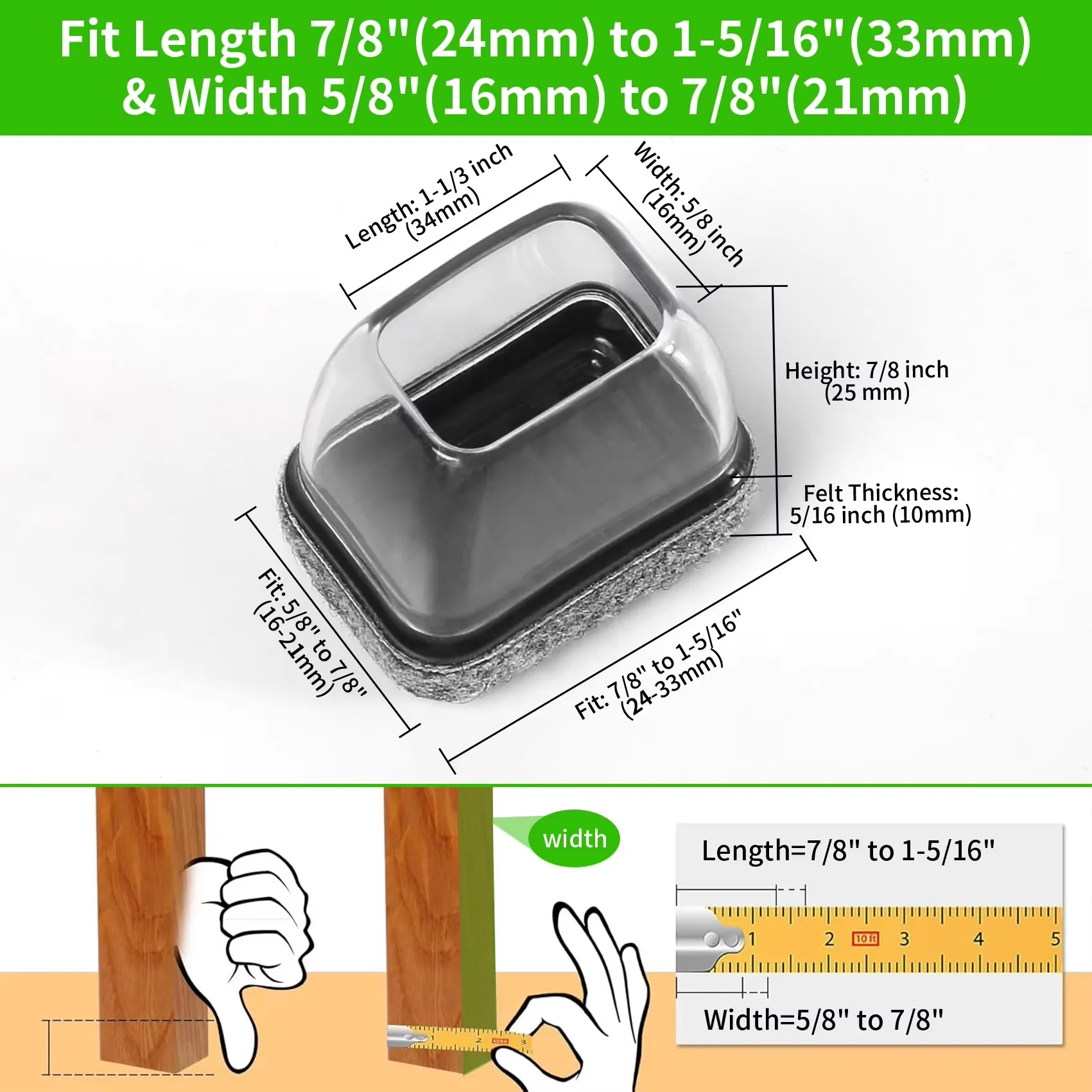 8PCS Silicone Chair Leg Floor Caps Protectors Rectangle with Felt Foot Cover End Caps Covers width 22-32mm for hardwood Table