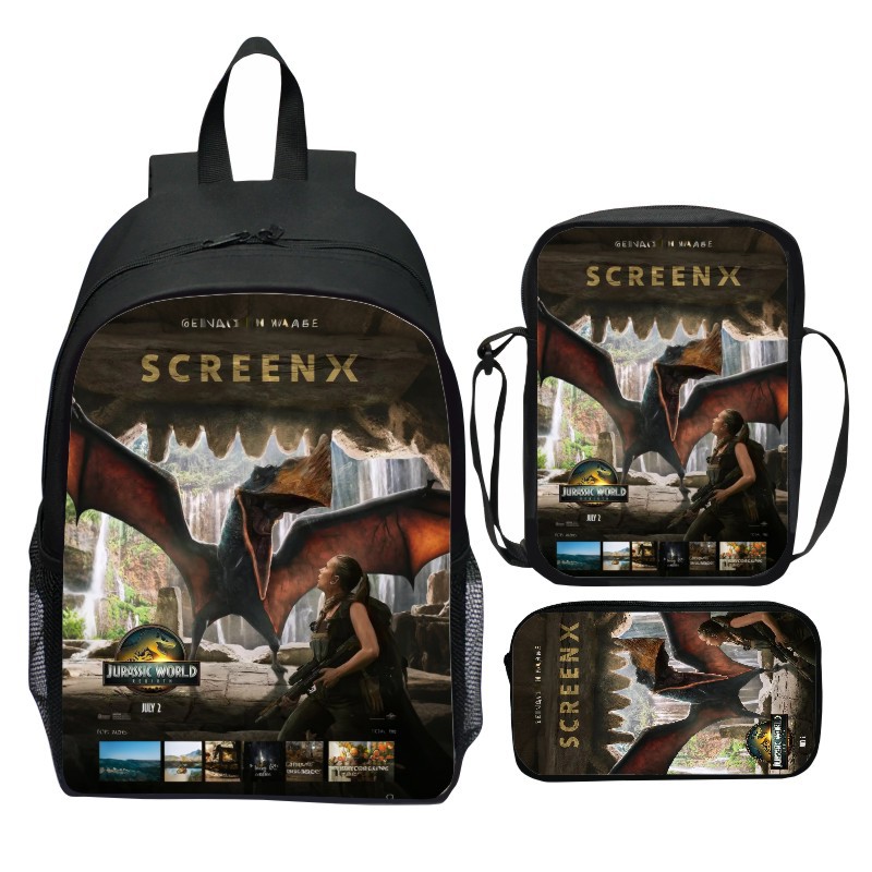 새로운 쥬라기 세계 3 조각 세트 배낭 만화 쥬라기 세계 다시 태어난 학생 배낭 어깨 가방 펜 가방