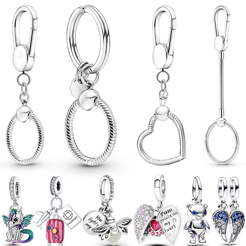 Schlüsselanhänger aus 925er Silber, Moments, kleiner Taschen-Charm-Halter, Schlüsselanhänger, geeignet für Original-Marken-Charms, Perlen, Damenschmuck, Geschenk
