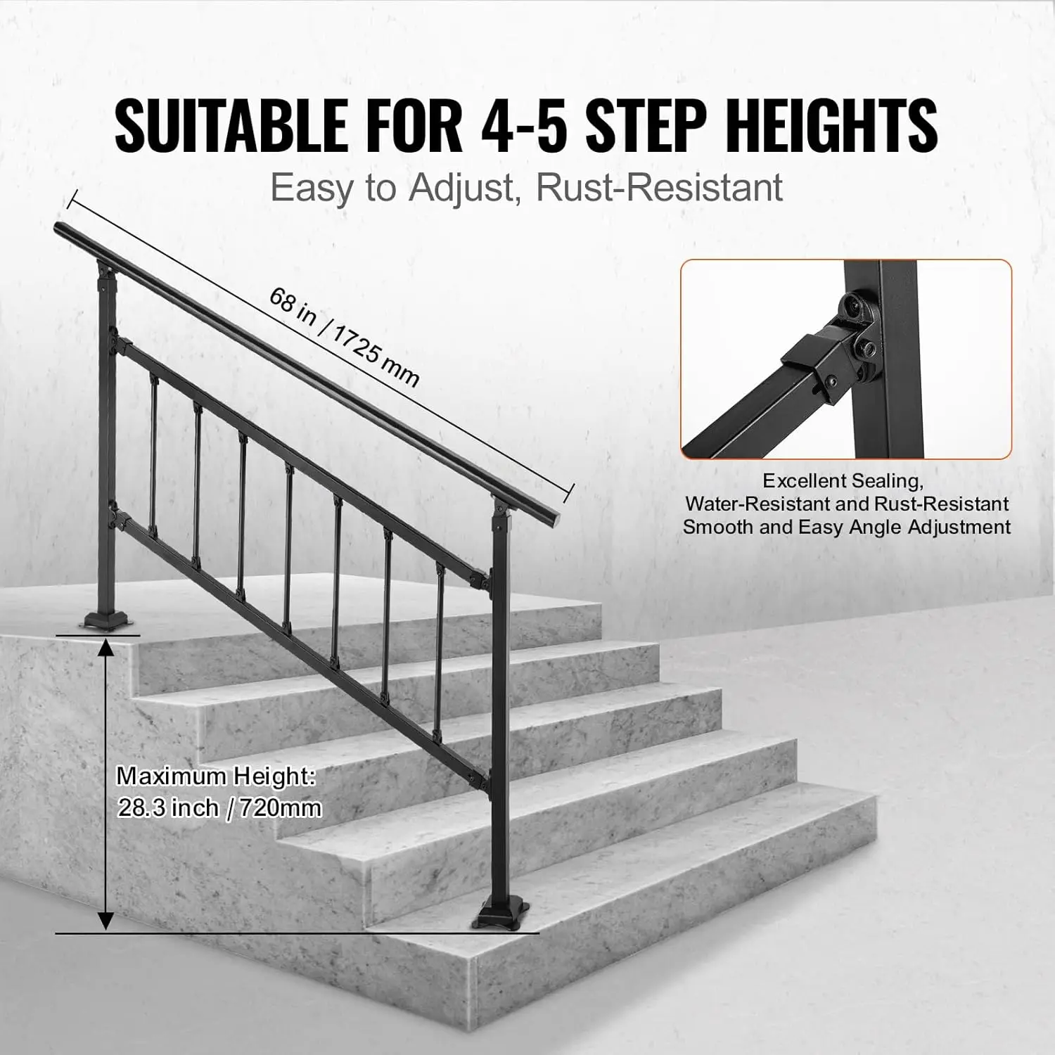 Outdoor Stair Railing, Fits for 1-5 Steps Transitional Wrought Iron Handrail, Adjustable Exterior Stair Railing with Fence