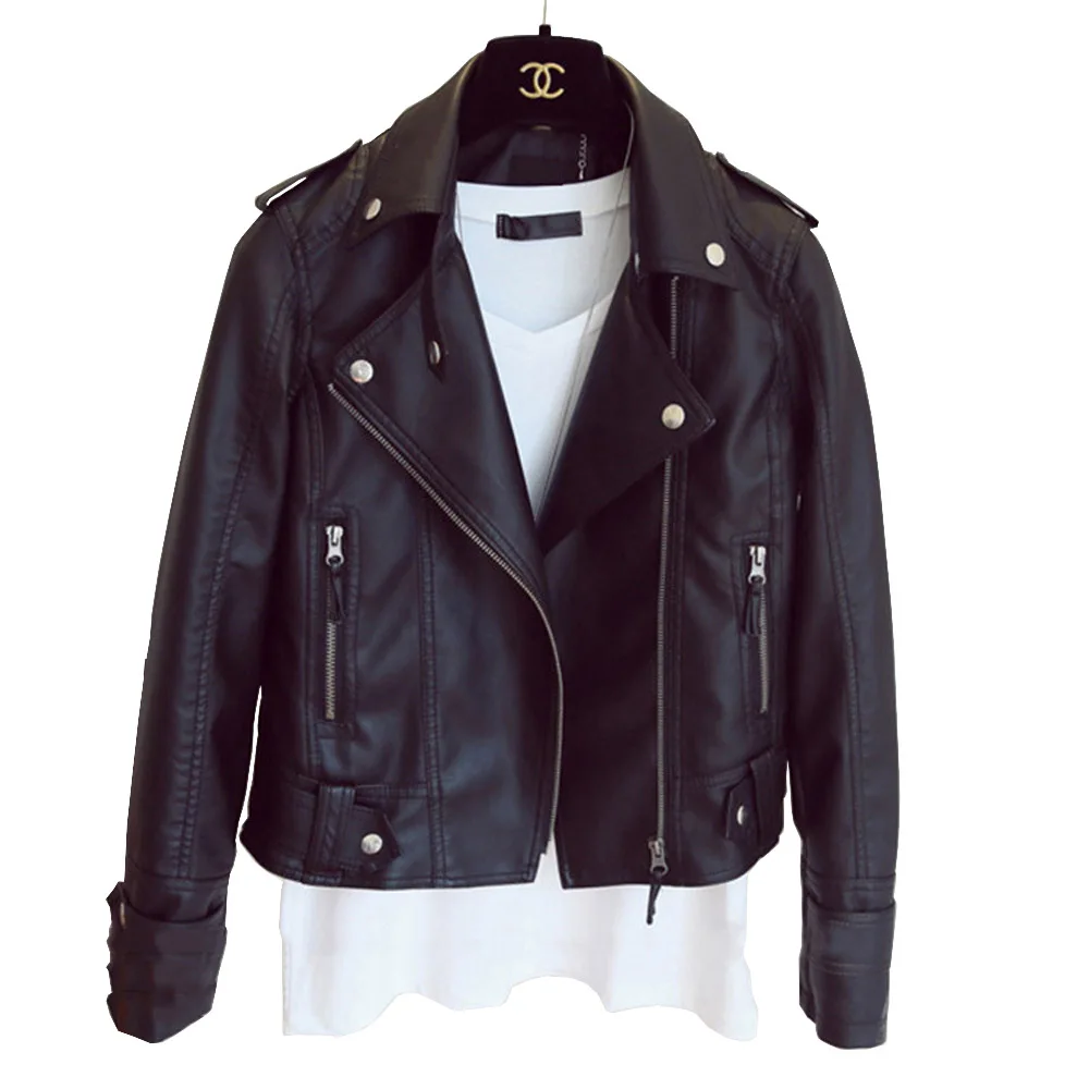Nuevo Mujer 2022 nuevo diseño primavera otoño chaqueta de cuero PU abrigo de cuero suave de imitación chaquetas de motocicleta con cremallera y remache negro delgado