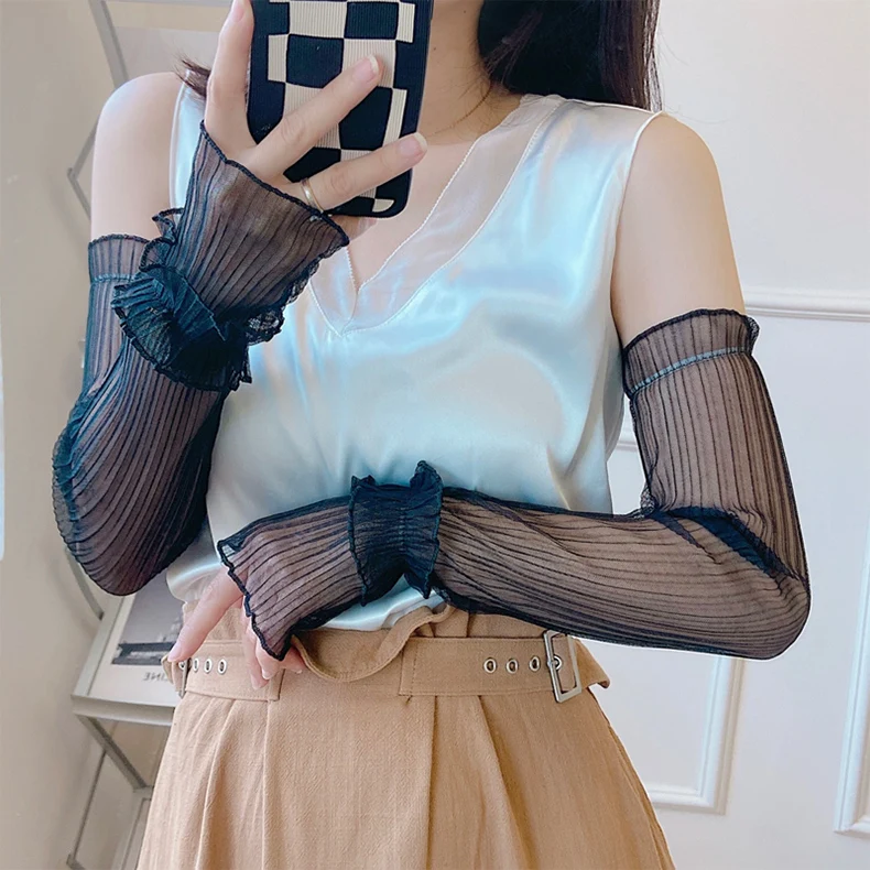 夏ロング指なし手袋女性日焼け止め袖手袋女性薄型レースメッシュアームスリーブ日焼け止め Uv 通気性ミトン