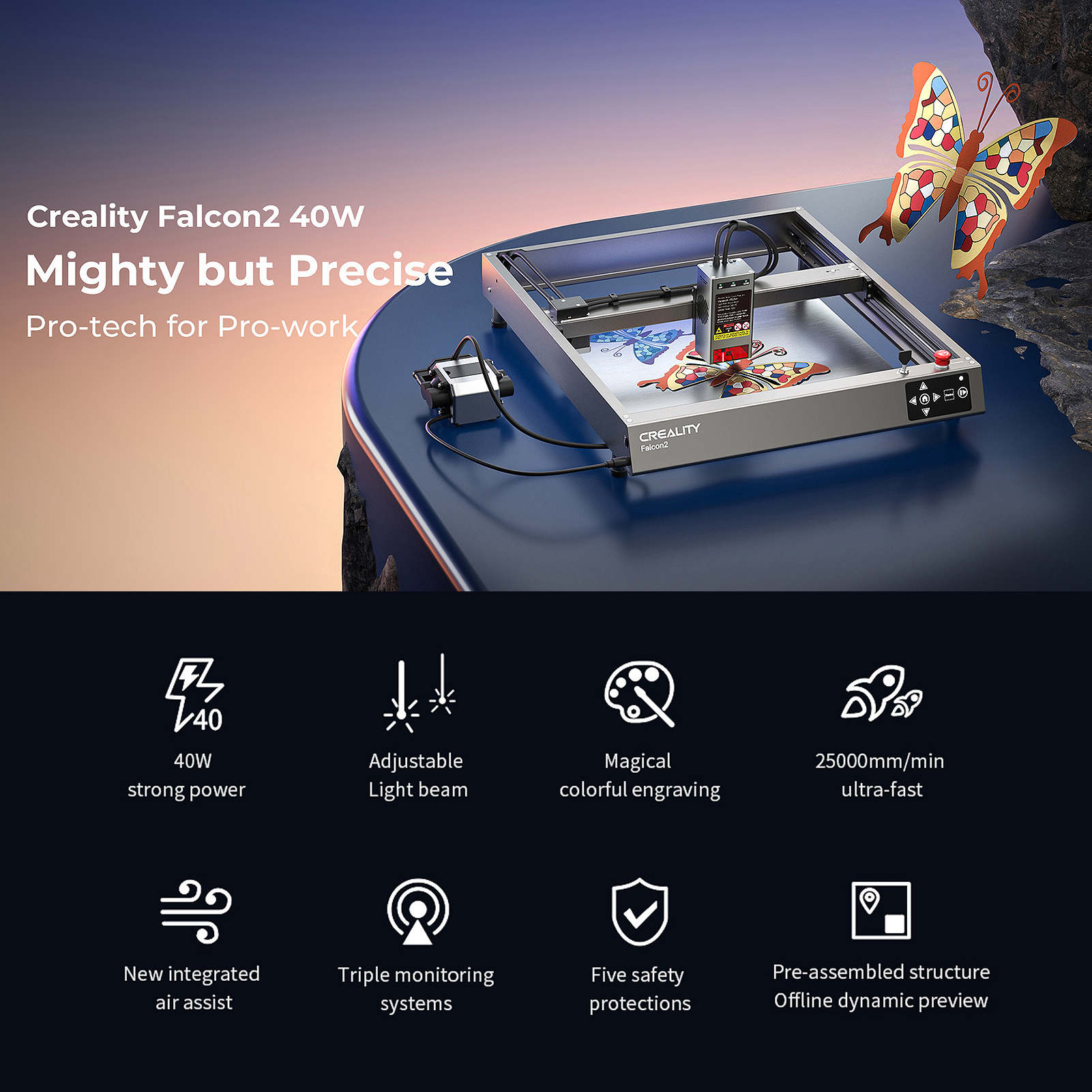 Creality Falcon2 Gravador a laser 40W Cabeça de laser com sistema de assistência de ar integrado Máquina de gravação e corte em cores offline