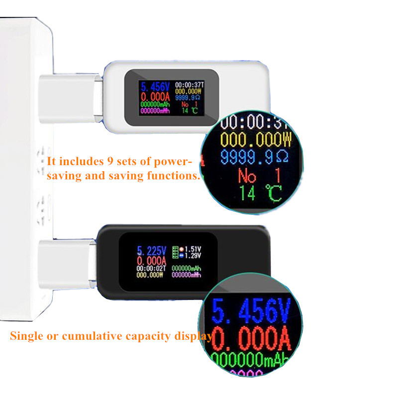 Digital Type-C Voltímetro USB, Temperatura, Corrente, Medidor de Voltagem, Detector de Volts, Amperímetro, Carregador do Banco de Potência, Indicador, 10 em 1