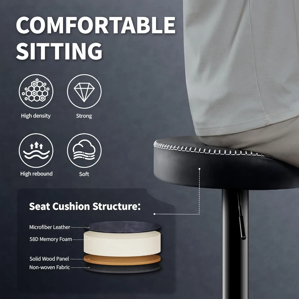 Swivel Bar Stools Set of 2 Black Microfiber Leather Counter Height Bar Stools with Round Seat Adjustable Backless Barstools
