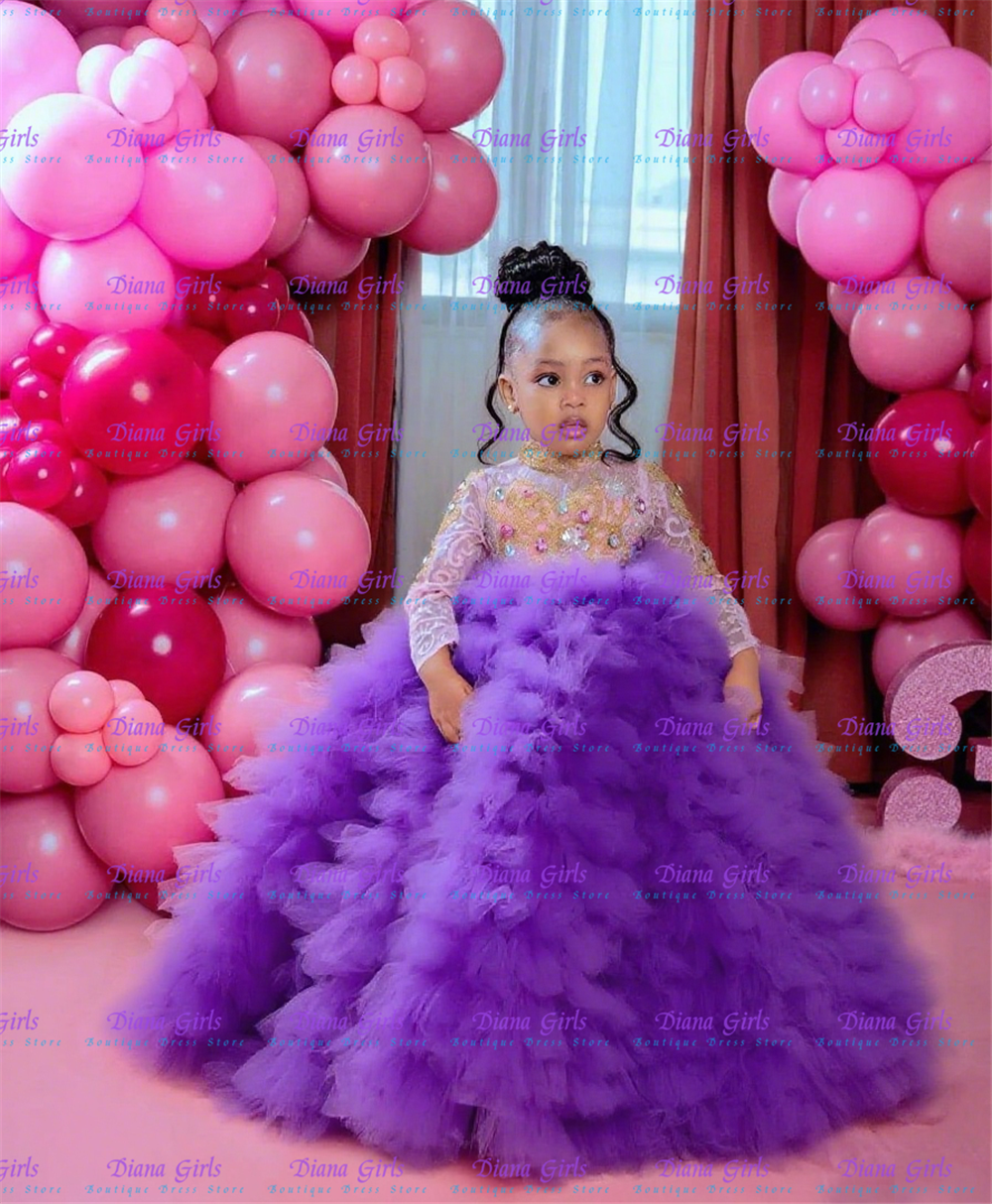 Gelaagde bloemenmeisjesjurk Elegante tule edelsteen pailletten lange mouwen pluizige prinses kinderverjaardagscadeau bal eerste communiejurken