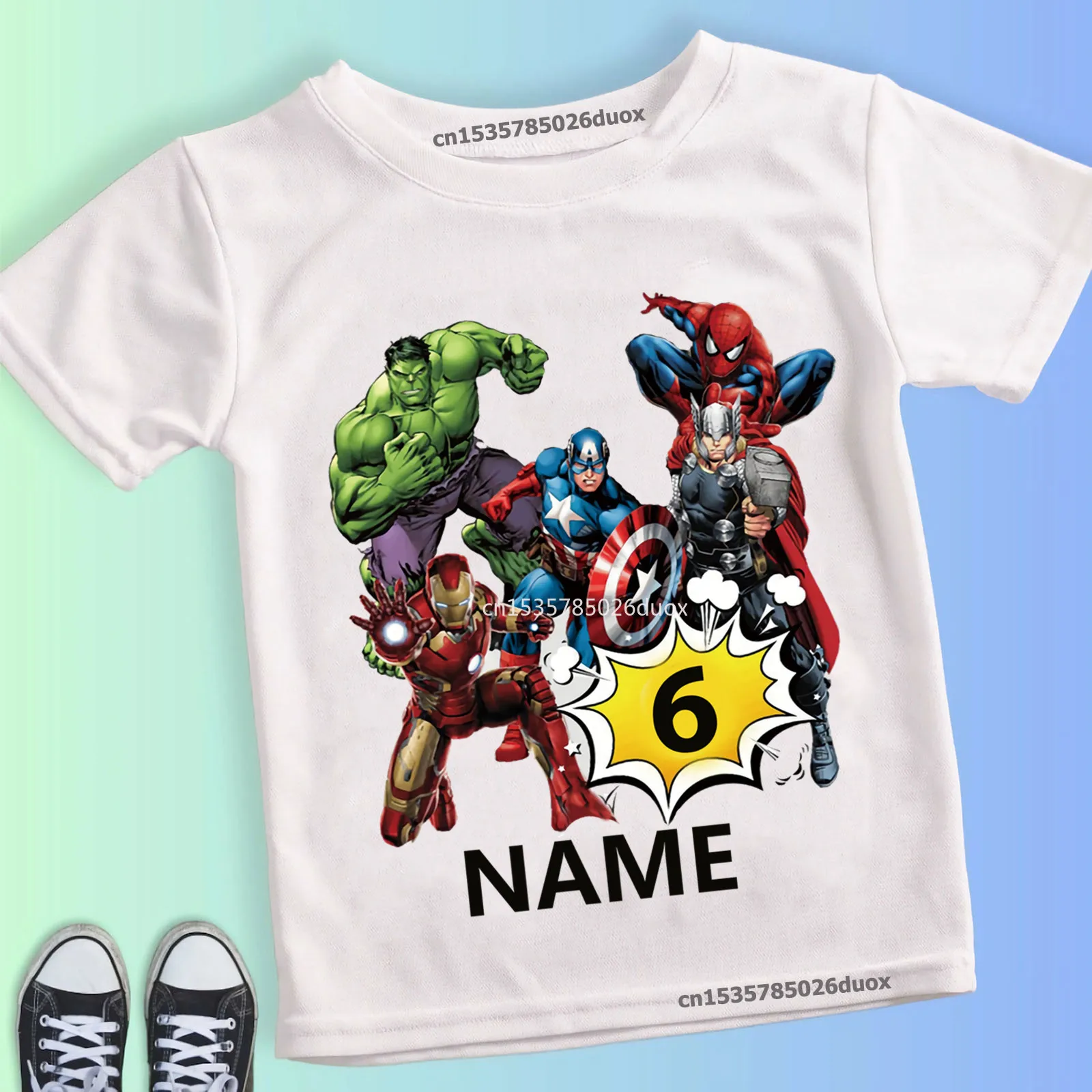 Детская футболка с изображением Мстителей Marvel, персонализированная футболка для именинницы, лето 2, 3, 4, 5, 6, 7, 8, 9, рубашки для мальчиков с короткими рукавами и супергероем на день рождения