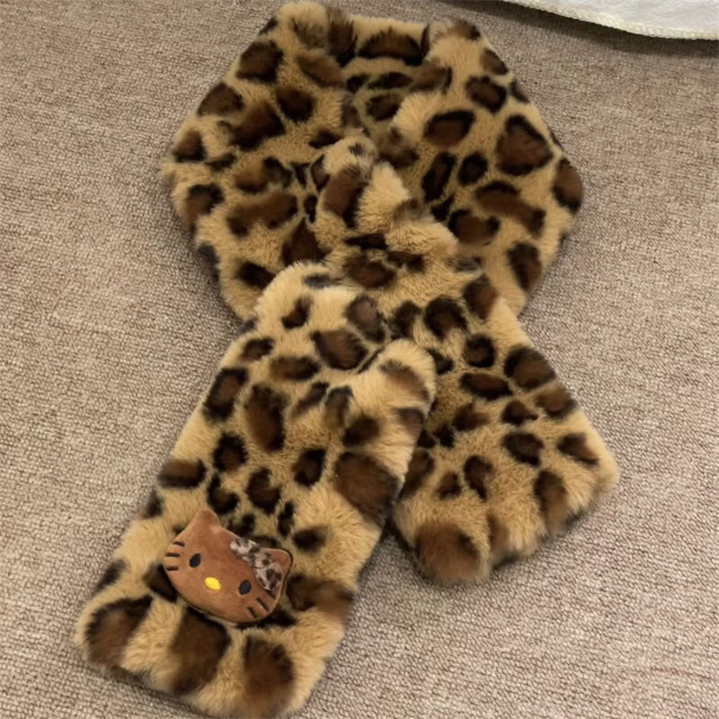 Sanrios Winter Leopard Hello Kitty Earmuffs & Scarf 2 Pcs Sets Women's Cute Y2k Student Cycling Warm Plush Fluffy Accessories