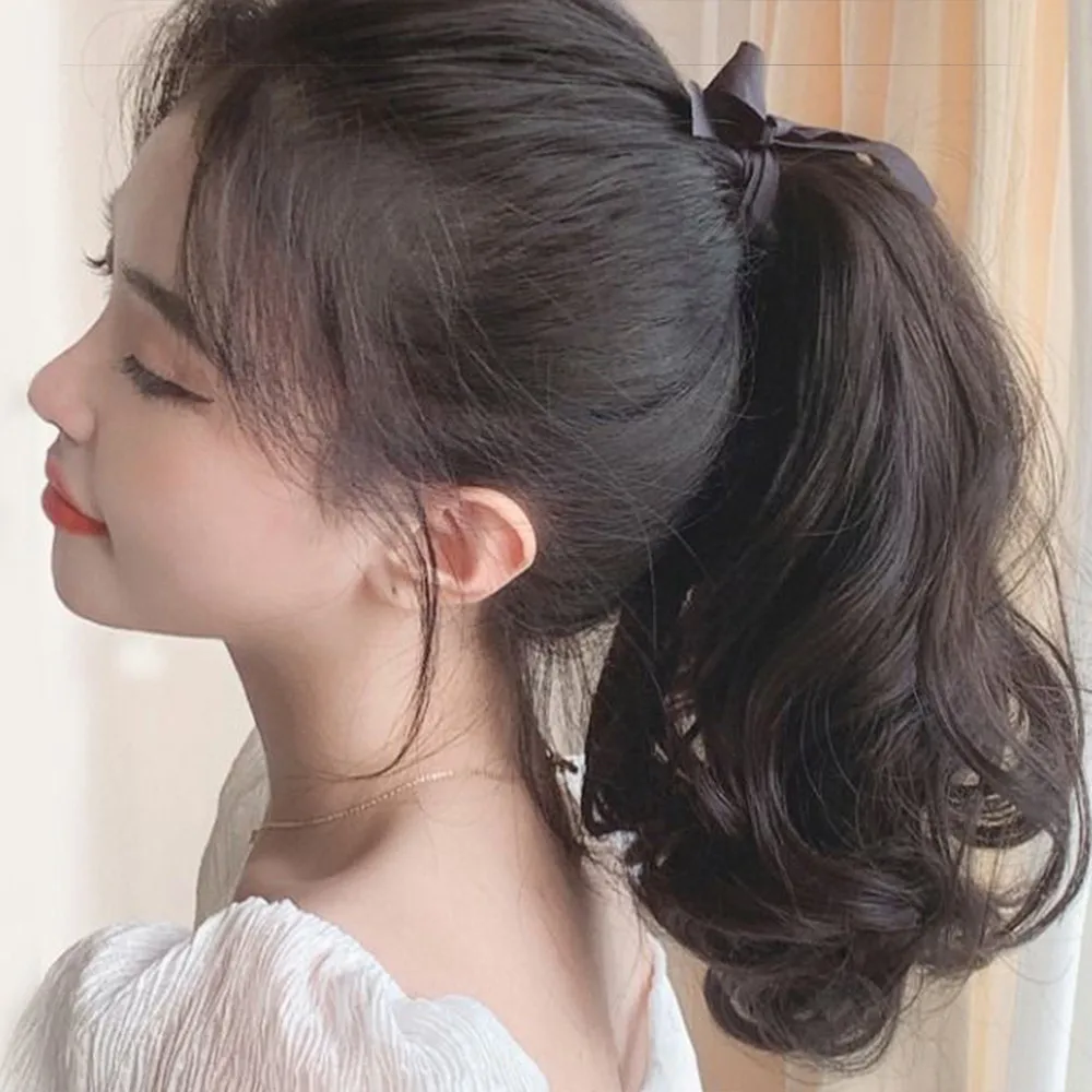 女性用ポニーテール合成かつら,巻き毛,巻き毛,自然なふくらんでいる波,ヘアエクステンション,写真アクセサリー,28cm