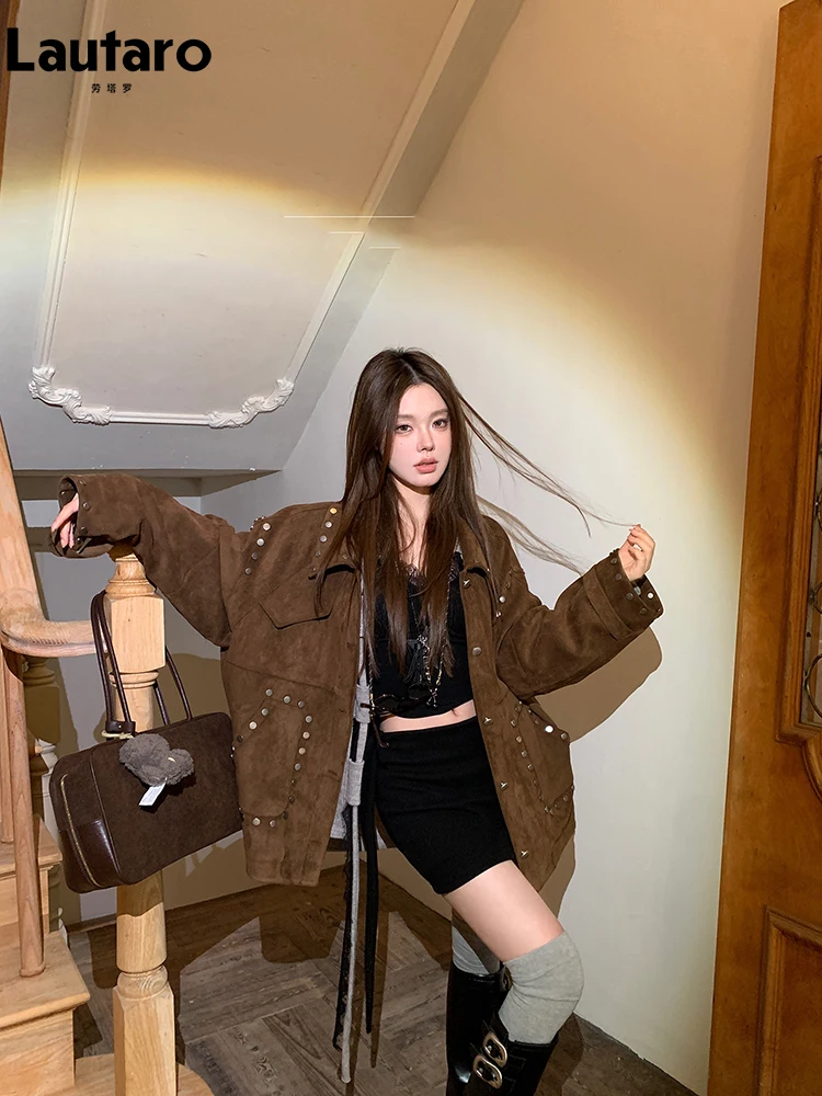 Lautaro Frühling Herbst Kühle Braun Übergroße Weiche Faux Wildleder Leder Jacke Frauen Niet Langarm Maillard Stil Retro Kleidung