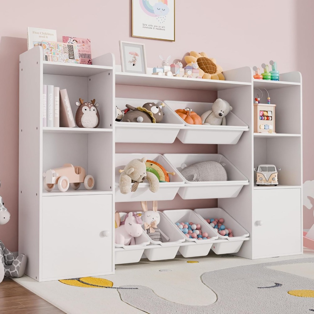 Kids Toy Storage Organizer W/8 Removable Toy Bins, 4-Tier Toy Organizers W/6 Storage Cubbies, Kids Bookshelf and Storage