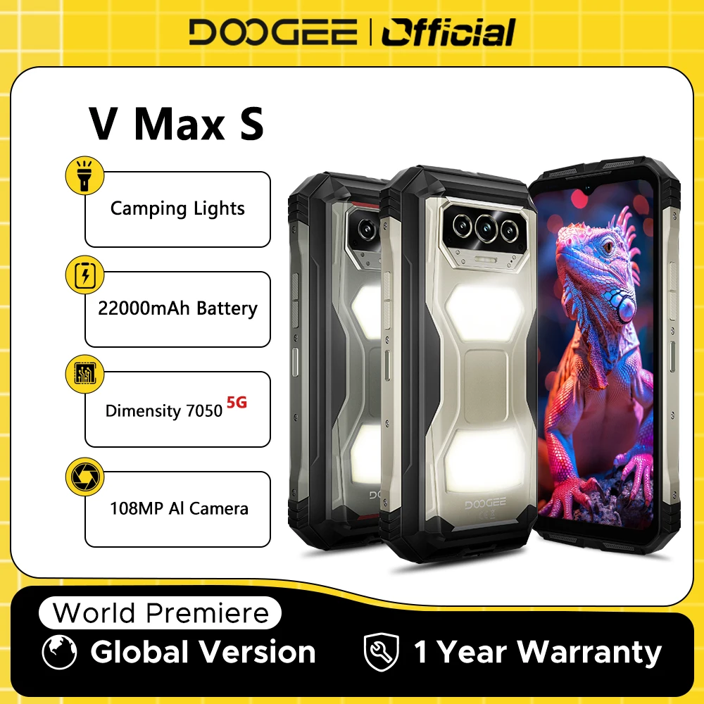 Estreia mundial DOOGEE V Max S 5G Telefone robusto Luzes de acampamento duplas Bateria de 22000mAh 24GB (8 + 16), 256GB 108MP AI Câmera Smartphone