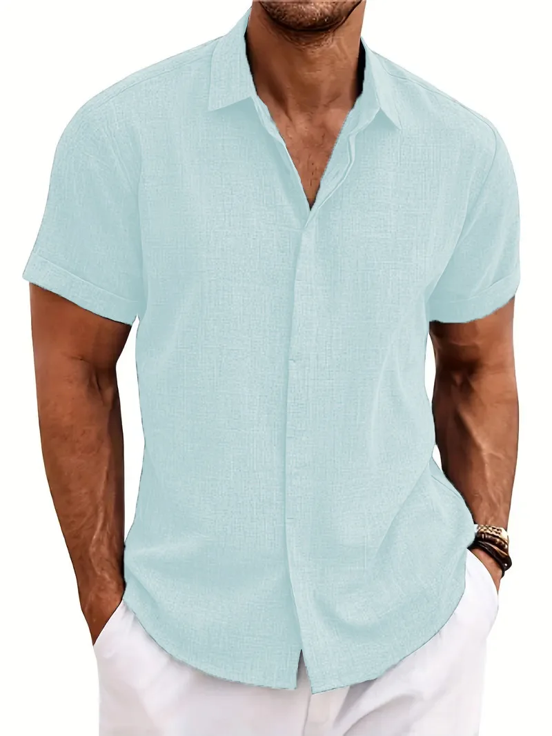 Nueva camisa de manga corta de color sólido para hombre, cárdigan informal de verano con solapa de color sólido, estilo playero, camisa de poliéster