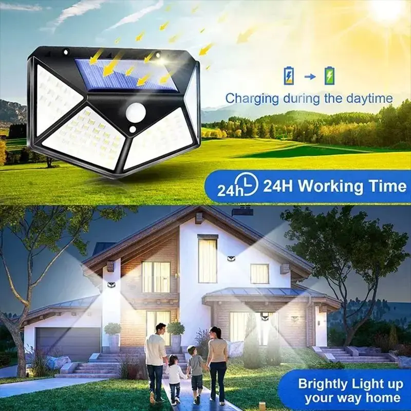 Lámpara Solar 100LED, lámpara para exteriores, Sensor de movimiento impermeable, luz Solar alimentada por energía Solar, farola, barandilla de jardín, Lámpara decorativa