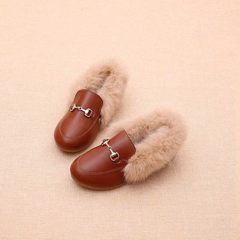 Mocassins en cuir PU pour filles, chaussures plates pour enfants, chaussures provoqué, fourrure chaude, princesse, hiver