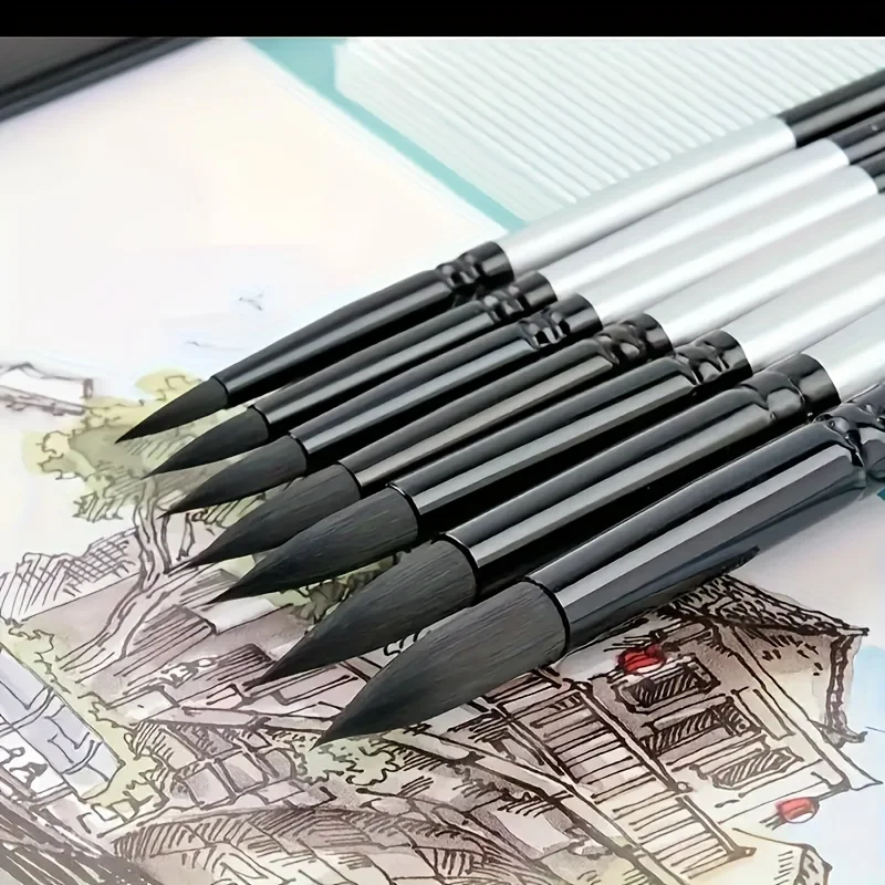 Set di pennelli rotondi in pelo di scoiattolo da 7 pezzi per acquerello, inchiostri, guazzo e tempera, qualità professionale per artisti, penna con manico in legno