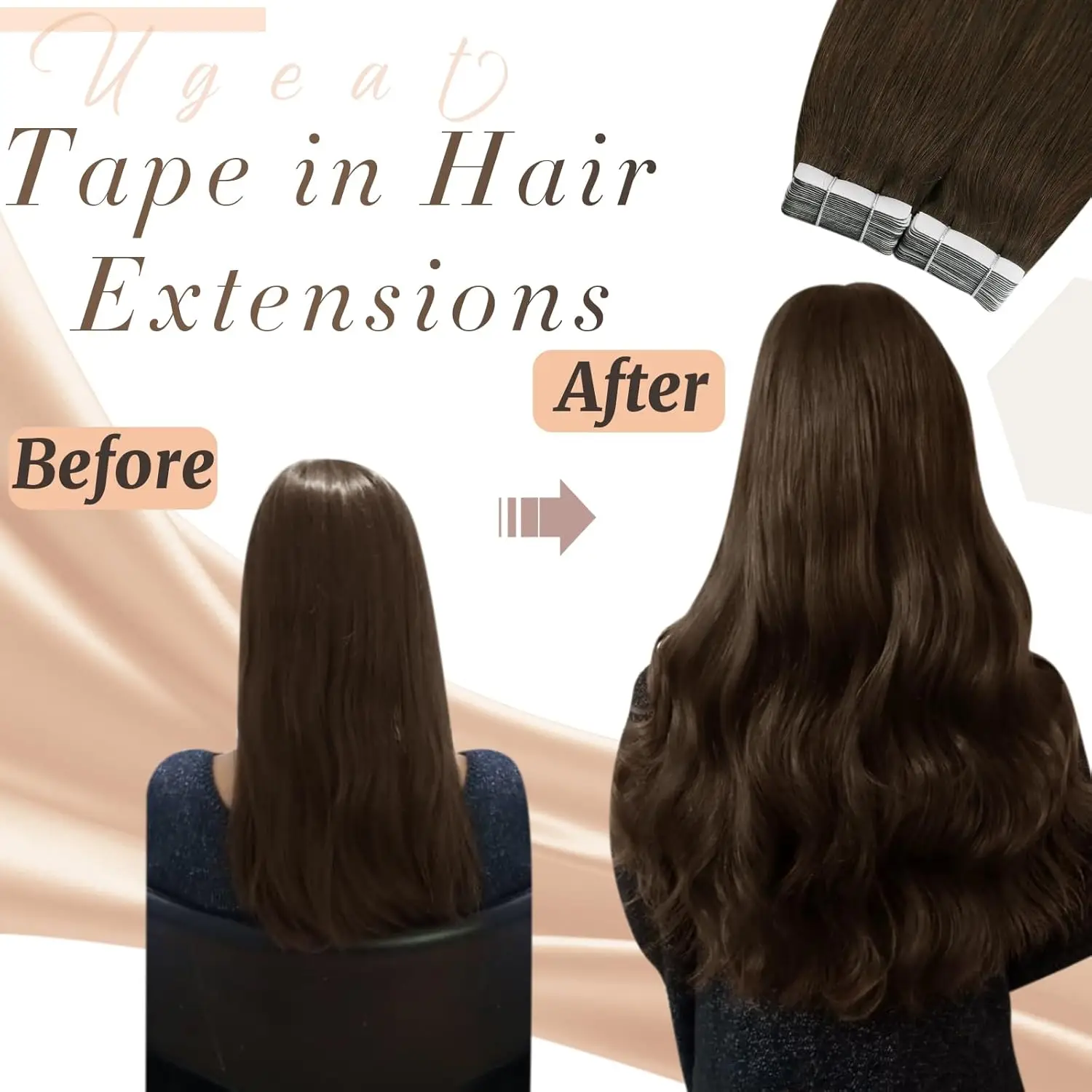 Ugeat fita em extensões de cabelo humano fita castanha em extensões para mulheres fita invisível castanho chocolate em extensões de cabelo real